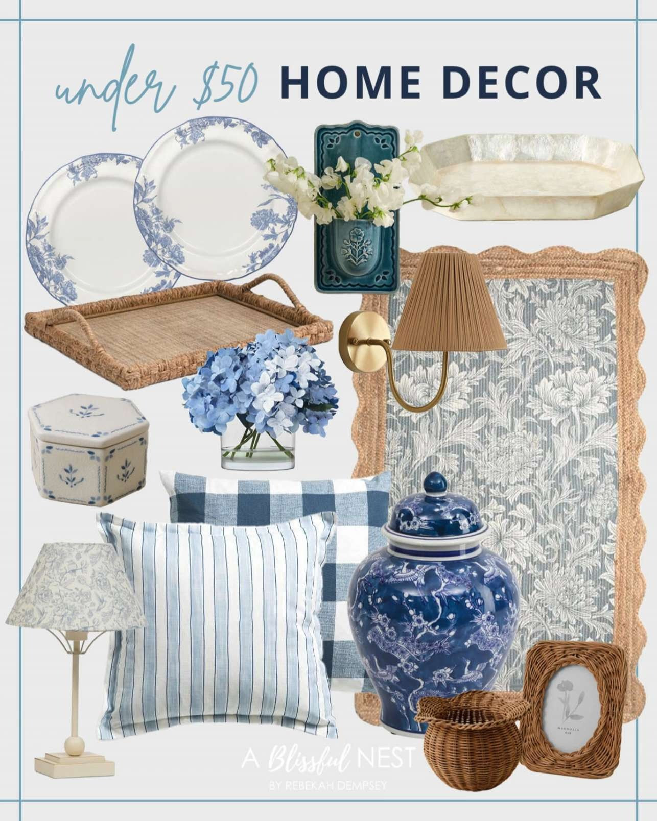 Affordable decor finds that instantly make your home feel polished. Snag them now.
Scalloped rim woven vase, floral ceramic wall pocket, ceramic decorative canisters, rattan photo frame, hydrangea arrangement, cherry blossom chinoiserie ceramic jar, table lamp with printed shade, chunky woven tray, gingham pillow, stripes flange pillow, blue floral dinner plate, floral printed jute runner, Capiz tray, cordless wall sconce. 

 #LTKHome