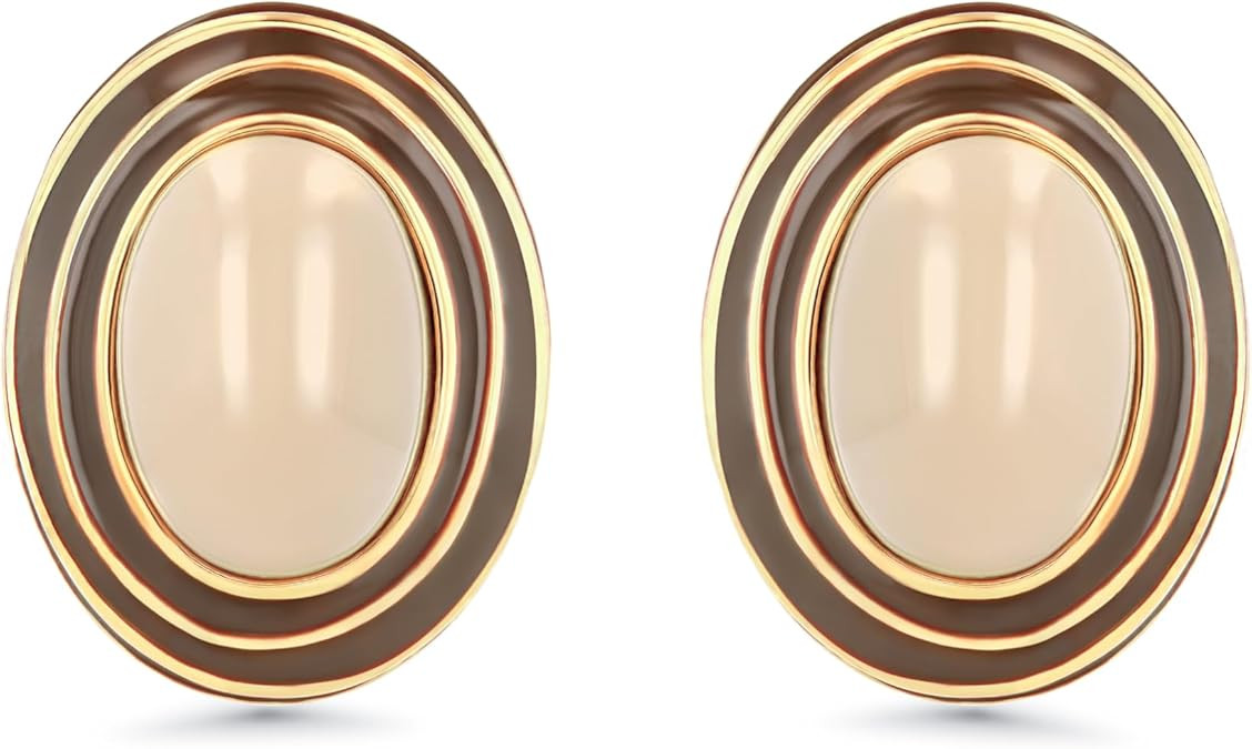Large Chunky Brown Beige Tan 18K gold plated Round Oval Button Stud Enamel Statement Earrings for... | Amazon (US)