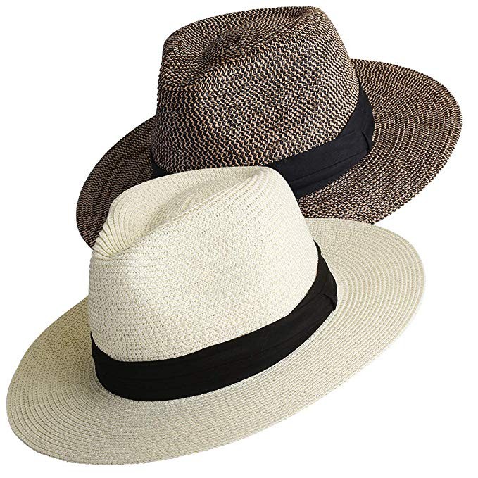 Womens Wide Brim Straw Panama Hat Fedora Summer Beach Sun Hat UPF50 | Amazon (US)