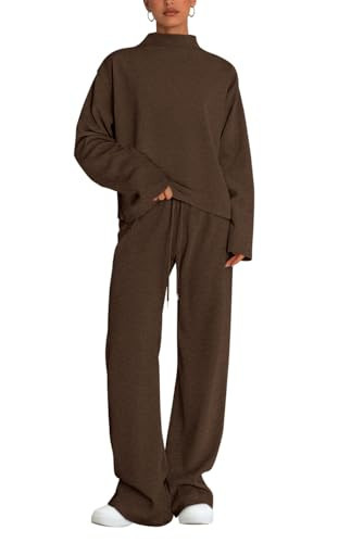 PRETTYGARDEN Women Fall Sweatsuits Two Piece Sets Mock Neck Long Sleeve Knit Tops Wide Leg Pants Lounge Set Travel Outfits(Brown,XX-Large) | Amazon (US)