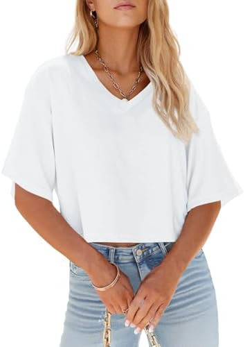 Tankaneo Womens V Neck Cropped T Shirts Casual Summer Crop Tops Half Sleeve Solid Color Crop Bais... | Amazon (US)