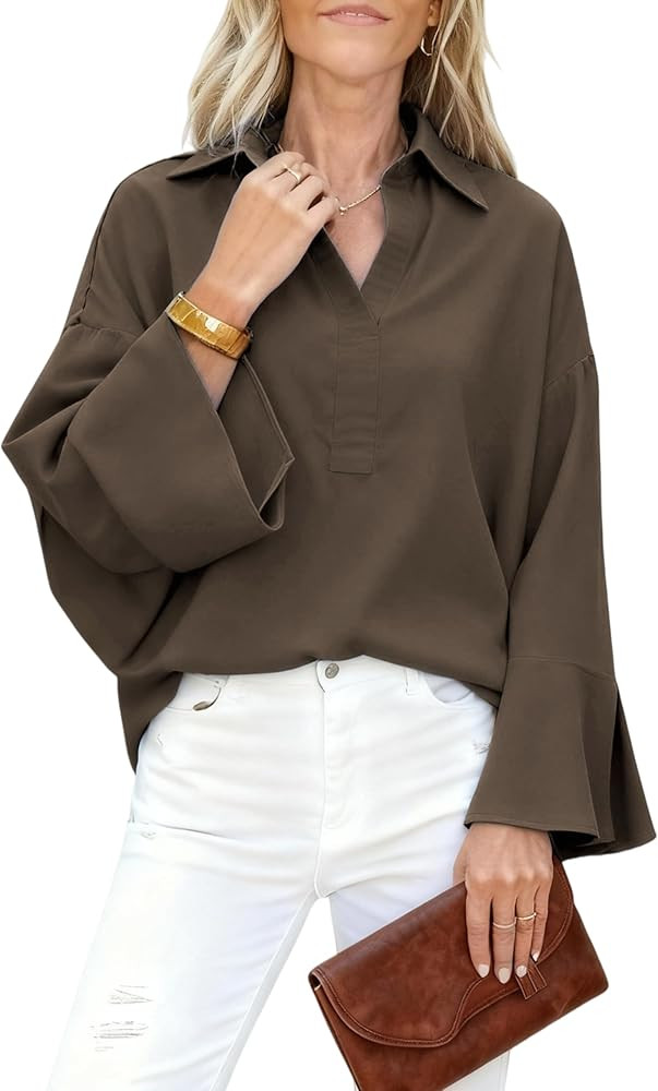 Watashi Women Button Down Shirt Casual Striped Print Dressy Henley Shirts Loose Long Sleeve Colla... | Amazon (US)