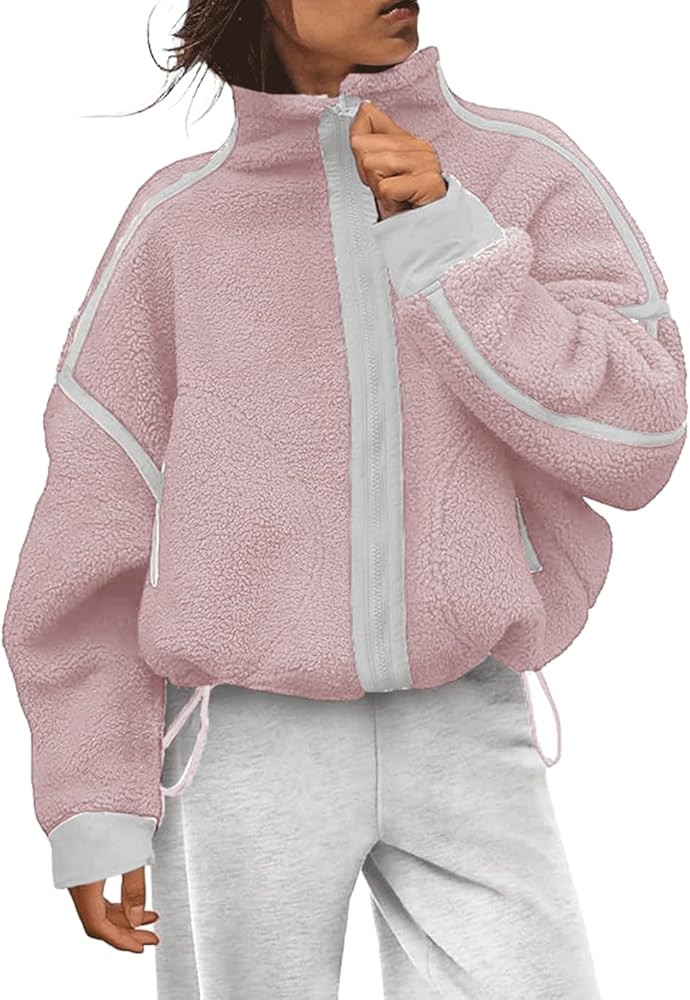 Haellun Fleece Jacket Women Cropped Sweatshirt Winter Warm Zip Sherpa Fuzzy Jacket Coat with Pock... | Amazon (US)