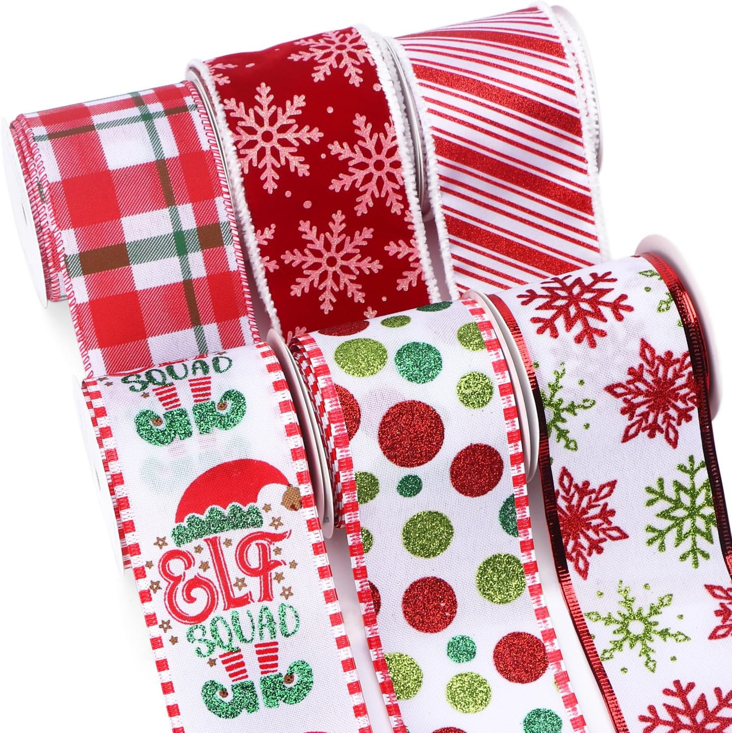 Ribbli Christmas Ribbon Wired-Red White Candy Cane Red Green Dot Plaid Snowflake Velvet Ribbon fo... | Amazon (US)