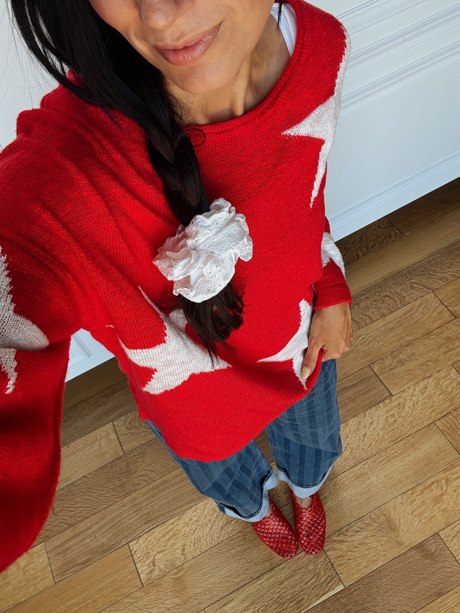 Super cute star sweater and red jellies. Love these jellies under $60.