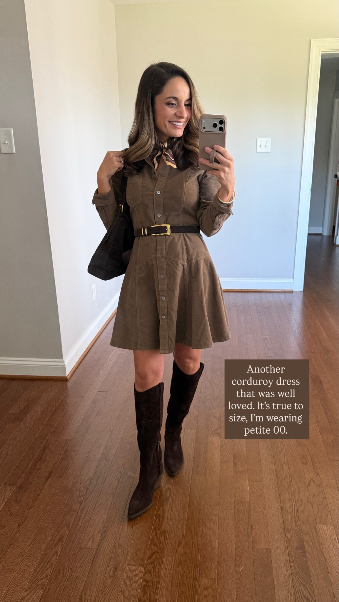 Top five sellers of the week! 

The cute corduroy dress! True to size, it’s a slim fit without the belt I just like the way it looks with the belt. 

Dress: petite xxs 
Boots: true to size (15” shaft on a size 5)