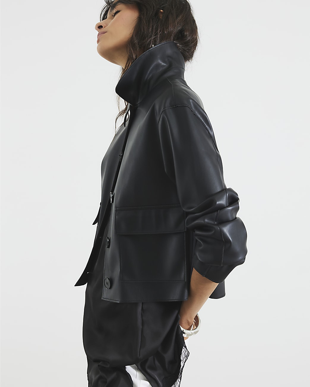 Black Faux Leather Button Through Jacket | River Island UK & IE