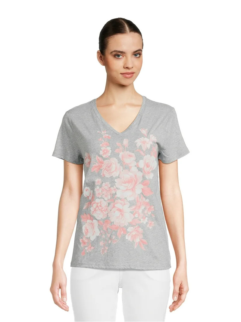 RealSize Women's V-Neck Graphic Tee with Short Sleeves, Sizes XS-3XL | Walmart (US)