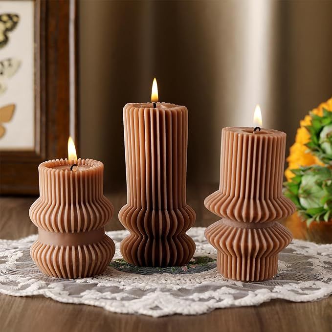 MTLEE 3 Pcs Soy Wax Scented Candles, Small Ribbed Pillar Candles, Modern Geometric Design, Brown,... | Amazon (US)