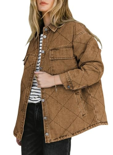 Dokotoo Long Sleeve Shacket Jacket for Women Casual Loose Turn-Down Collar Open Front Button Down Womens Denim Jacket with Pockets Winter Cozy Solid Jackets Coats Fashion Fall Clothes Khaki Large | Amazon (US)