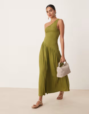 ASOS DESIGN crinkle shirred bodice one shoulder asymmetric dropped waist midi dress in olive gree... | ASOS (Global)