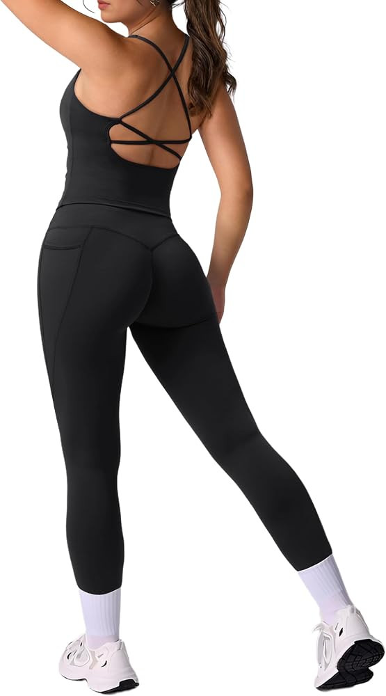 RXRXCOCO Strappy Back Workout Sets for Women 2 Piece Padded Tank Tops Hidden Scrunch Butt Lifting... | Amazon (US)