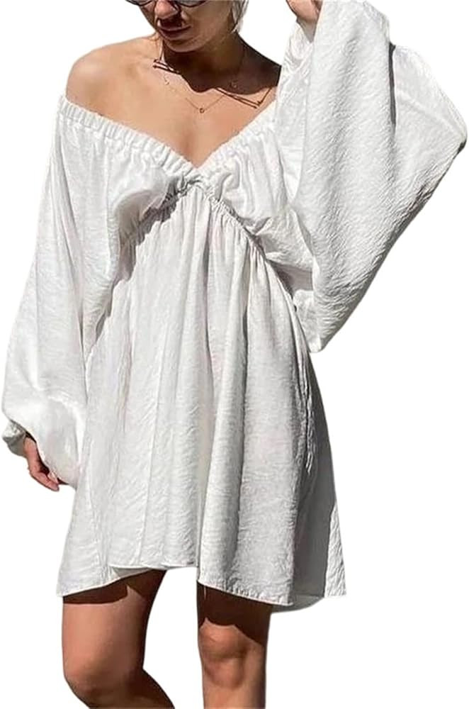 Women's Deep V Backless Pleated Dress Bubble Sleeve Big Hem Elegant Commuter Style Maxi Gown | Amazon (US)