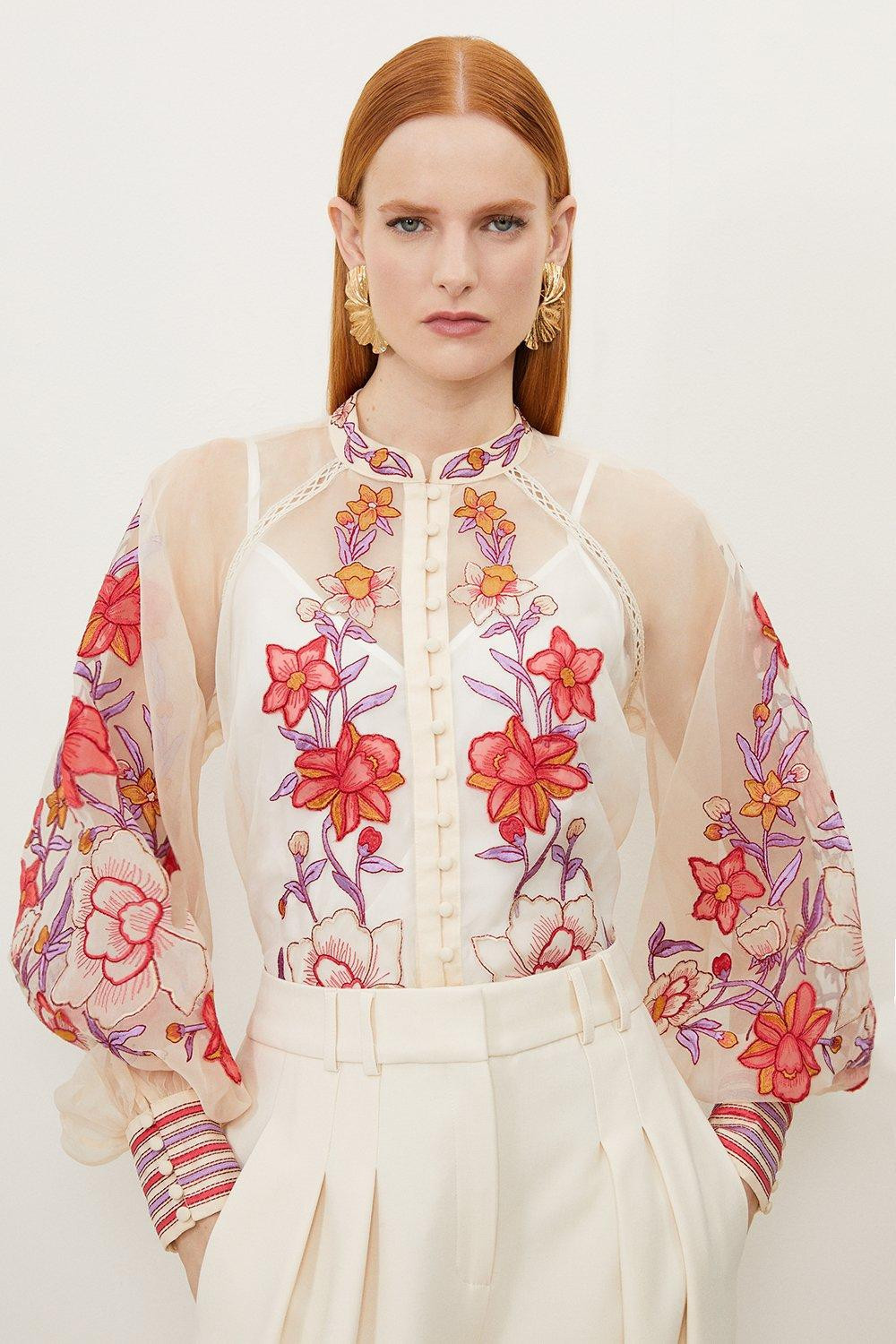 Floral Placed Embroidery Organdie Woven Blouse | Karen Millen US
