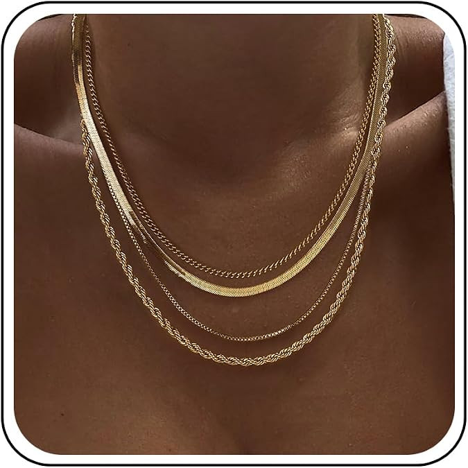 Tewiky Layered Necklaces for Women 14k Gold Plated Link Chain for Women | Herringbone/Snake/Rope/... | Amazon (US)