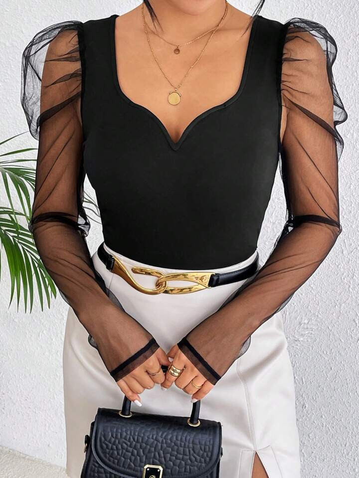 SHEIN Privé Mesh Patchwork Bubble-Sleeved T-Shirt, Henley Neck Long-Sleeved T-Shirt | SHEIN