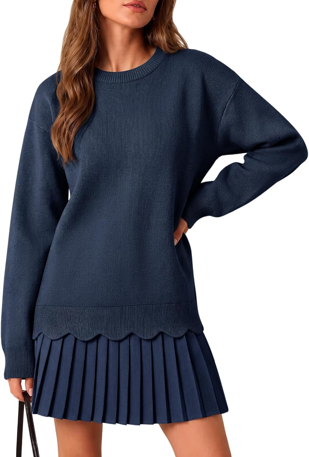 Saodimallsu Womens Pleated Sweater Dress Long Sleeve Crewneck Trendy Cute Loose Knit Fall Mini Dresses | Amazon (US)