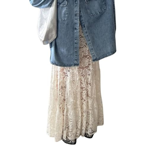 Naileksi Women Tiered Sheer Lace Maxi Skirt Elastic Waist High Rise Flowy A-Line Sexy See Through Long Skirt Clubwear White | Amazon (US)