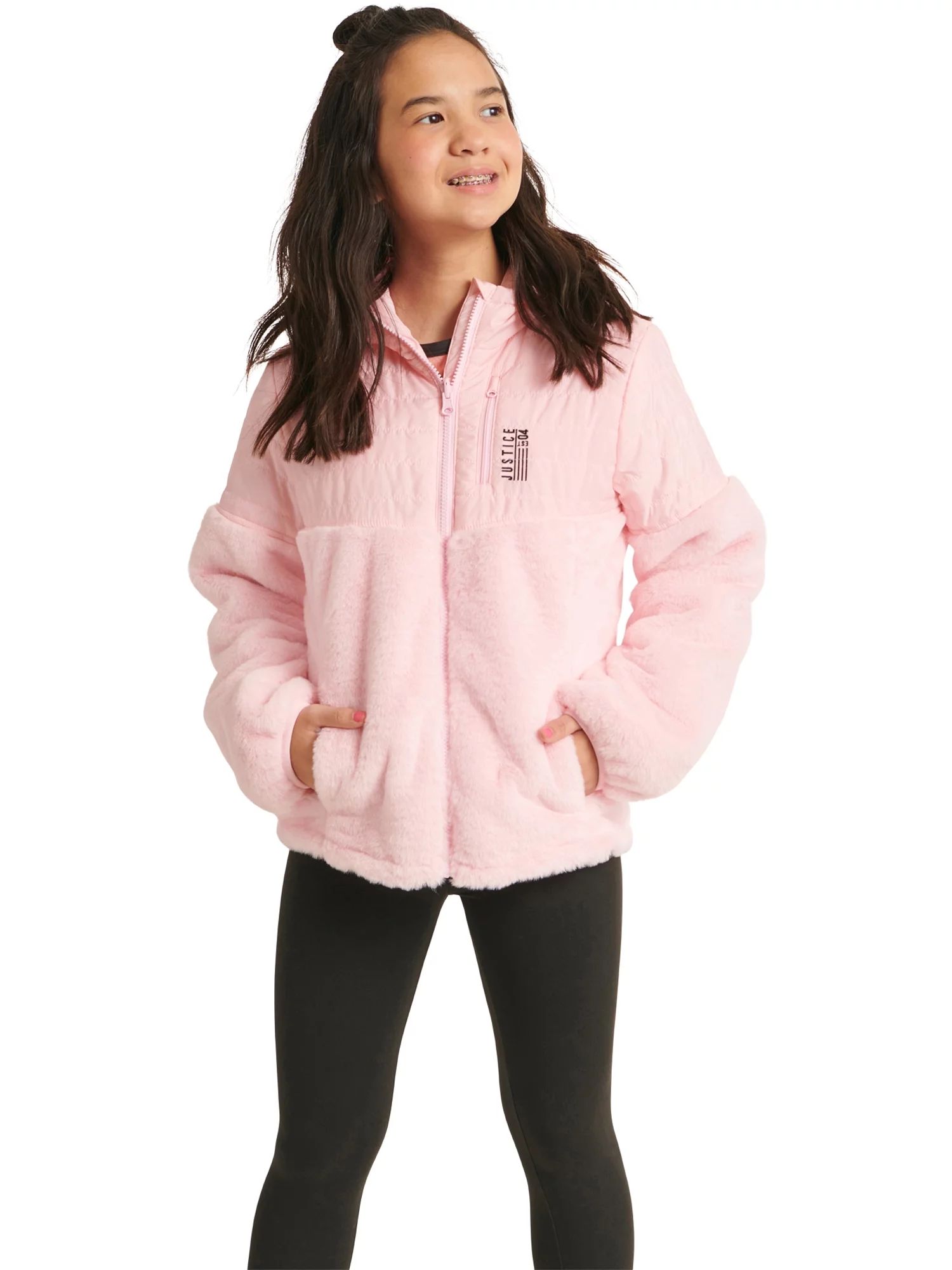 Justice Girls Hooded Lightweight Reversible Full Zip Shell Jacket, Sizes 5-18 | Walmart (US)
