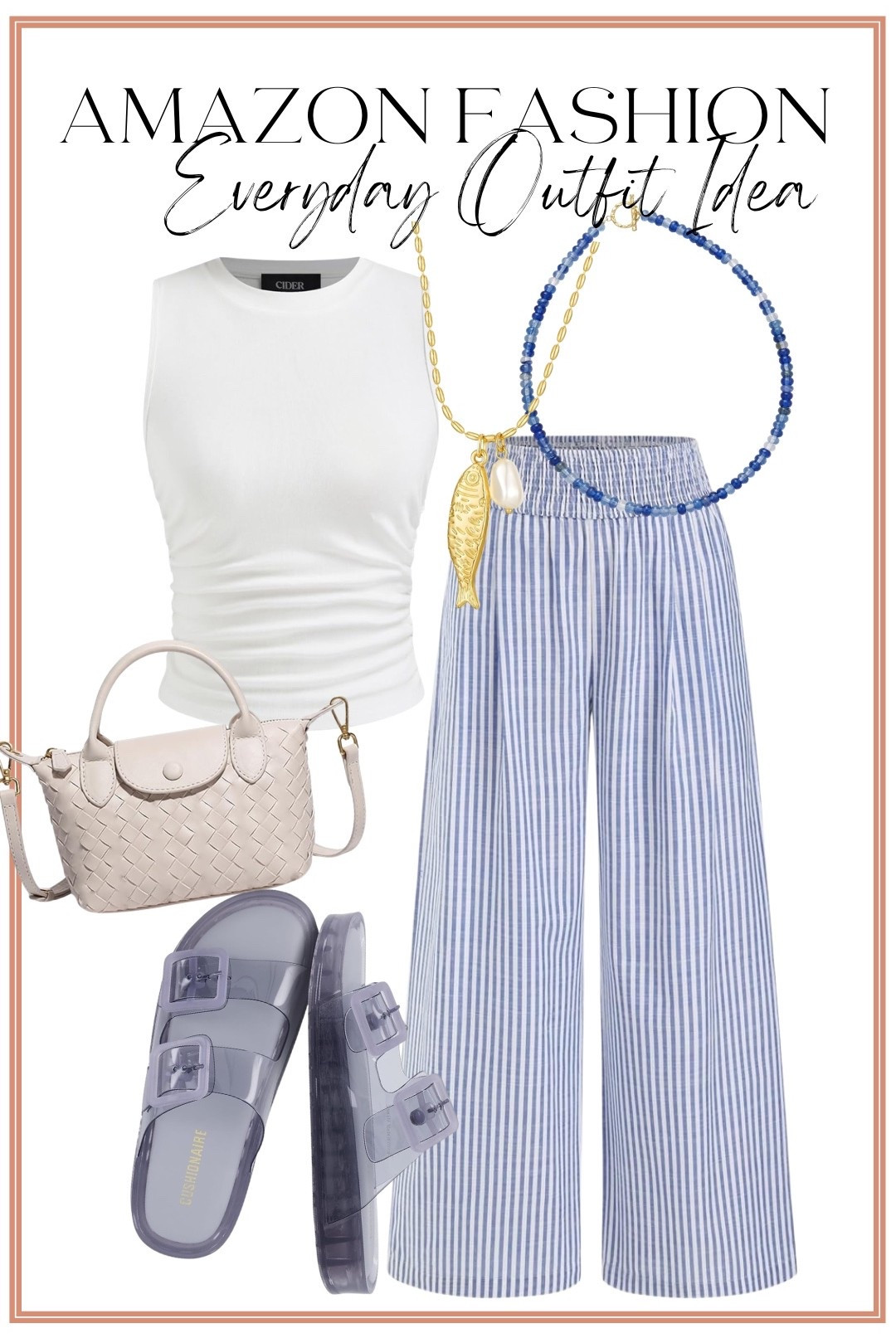 This might be one of my favorite easy summer outfit combinations yet! The blue and white striped wide-leg pants are giving coastal chic vibes, while the ruched white tank keeps the look effortless and flattering. Paired with jelly sandals, a woven crossbody, and the prettiest blue beaded accessories, this is the perfect outfit for everything from vacation days to weekend errands.

✨ Comfortable
✨ Lightweight
✨ Easy to mix and match
✨ Looks so much more expensive than it is

Amazon fashion has been so good lately, and this entire look is proof that you don’t have to spend a fortune to create a polished summer outfit.

#AmazonFashion #AmazonFinds #AmazonStyle #SummerOutfit #CoastalStyle #BlueAndWhiteStyle #EverydayOutfit #AffordableFashion #AmazonOOTD #SummerStyle #VacationOutfit #WideLegPants #CasualChic #FashionFinds #LTKStyle

#LTKootd #LTKPetite