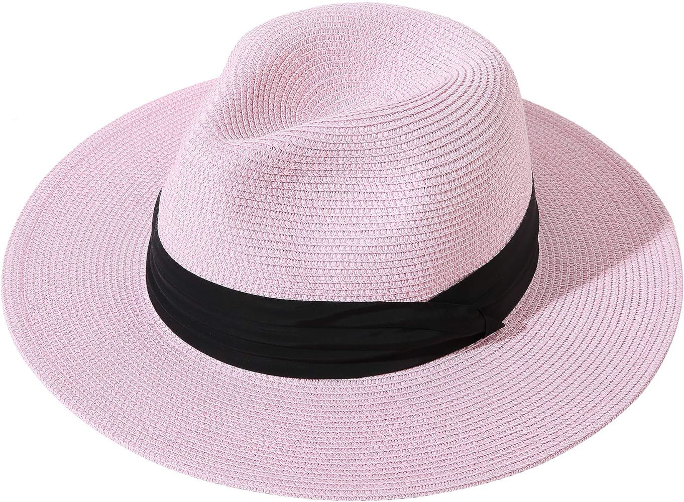 Lanzom Women Wide Brim Straw Panama Roll up Hat Belt Buckle Fedora Beach Sun Hat UPF50+ | Amazon (US)