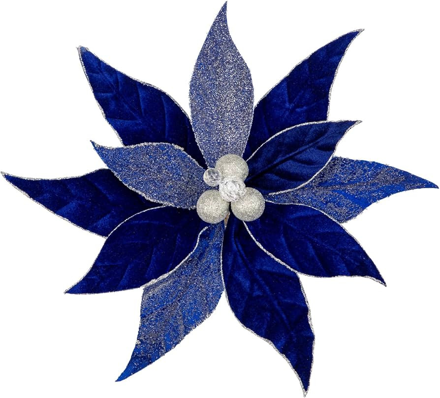 Hollyone 3PCS Poinsettia Christmas Flowers Artificial 11" Large Velvet Blue Glitter Poinsettia Fl... | Amazon (US)
