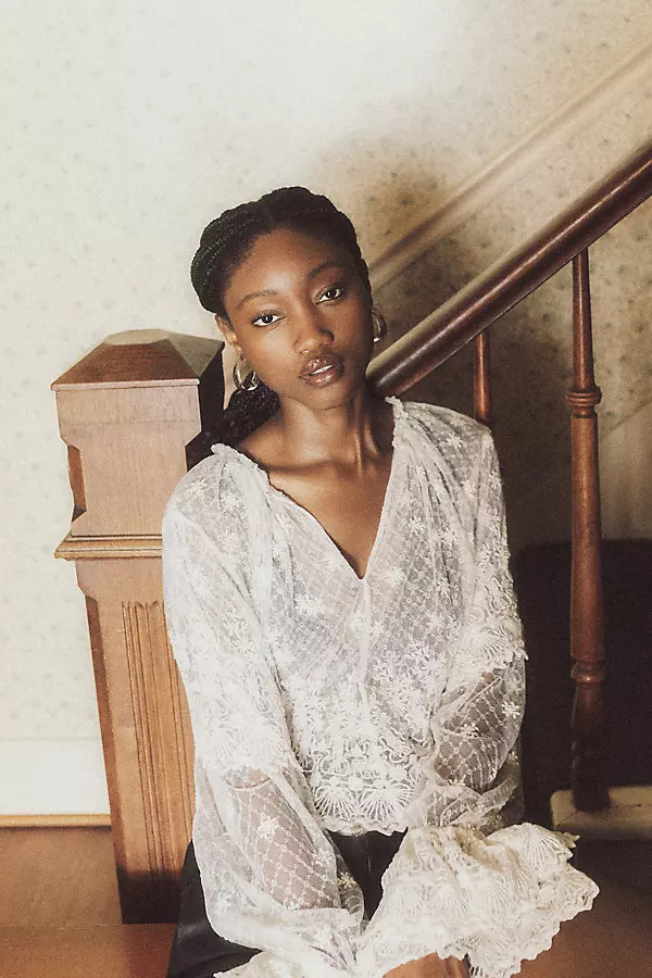 Long-Sleeve Lace-Bib Blouse | Anthropologie (US)