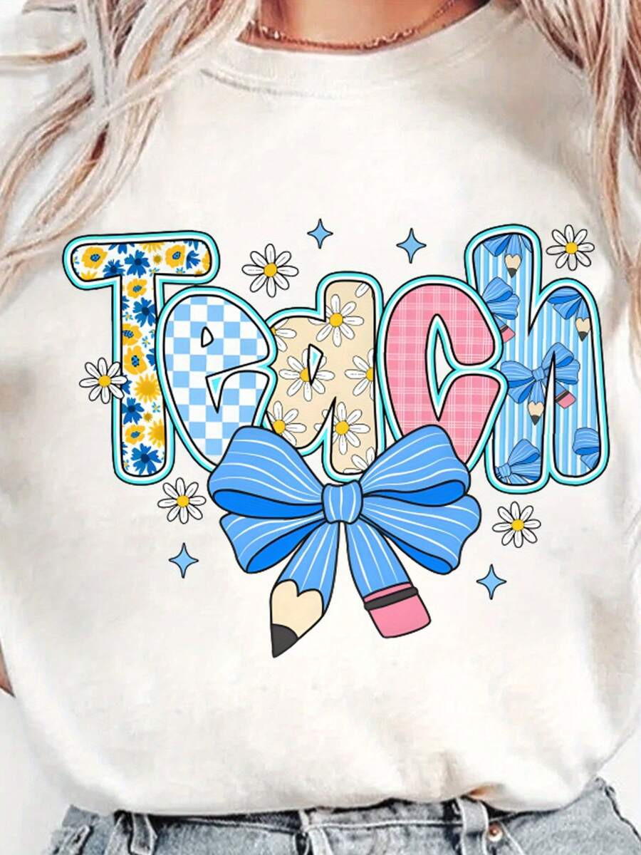 Preppy Teacher Floral Coquette Shirts, Teach Blue Floral Tee, Preppy Teacher Tops, Pencil Bow Tea... | SHEIN