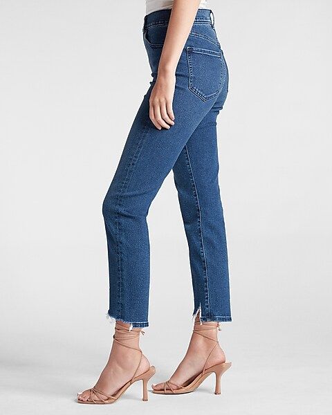 Super High Waisted Medium Wash Ripped Hem Mom Jeans | Express