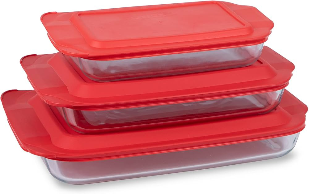 Pyrex Basics 3-Pack Glass Baking Dish Set (2QT, 3QT, 4.8QT) With BPA-Free Lids, Rectangular Glass... | Amazon (US)