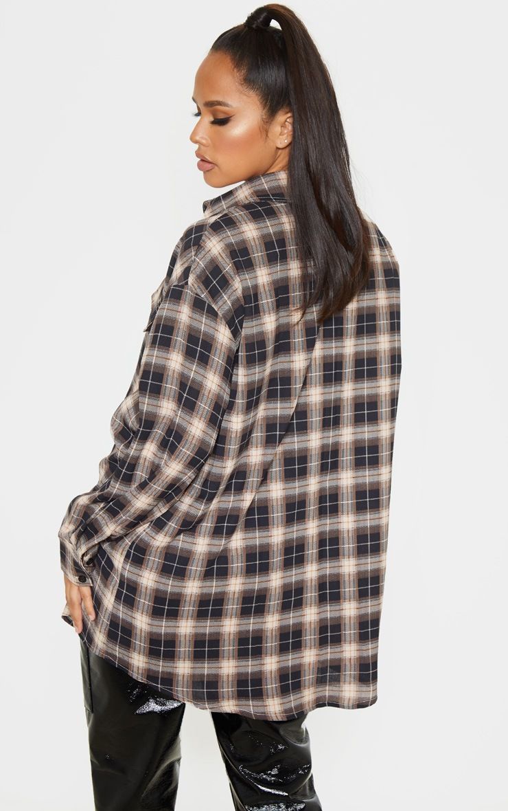 Chocolate Oversized Checked Shirt | PrettyLittleThing US