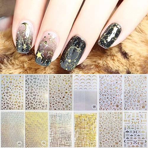 TOROKOM 12 Sheets Metallic Self-Adhesive Nail Stickers for Women, 3D Metallic Star Moon Leaf Line Na | Amazon (US)