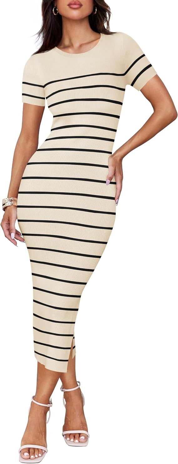 ZESICA Women's Summer Bodycon Midi Dress 2024 Striped Short Sleeve Ribbed Knit Slim Fit Side Slit... | Amazon (US)