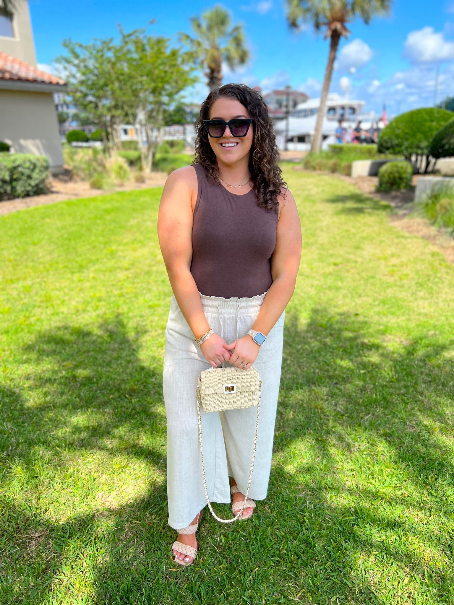 Midsize casual neutral vacation OOTD 🤎✨
Bodysuit: L
Linen pants: XL 
Sunglasses are TopFoxx 
#midsizeoutfits #neutralstyle #vacationoutfits #resortwear #bodysuit #ootd #casualoutfits #beachpants #linenpants #strawbag #sandals 

#LTKSeasonal #LTKtravel #LTKcurves