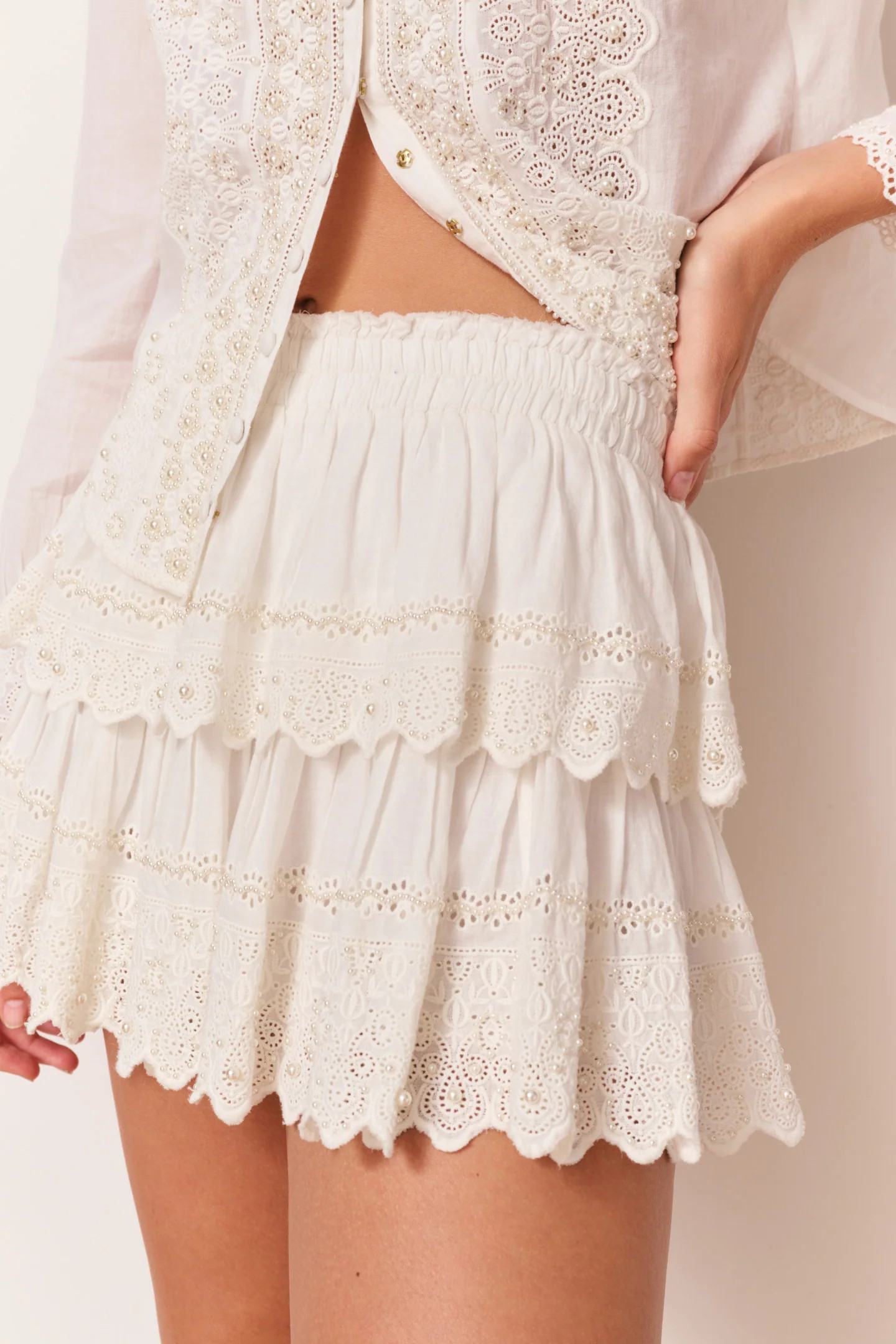 Ruffle Mini Pearl-Embellished Skirt | LoveShackFancy