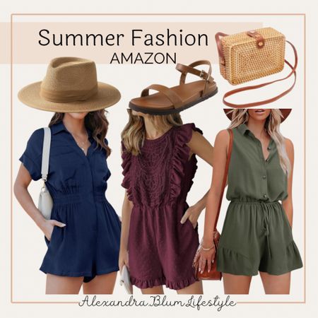 Comfy rompers for vacation outfits! Spring outfits! Rattan crossbody purse and handbag, brown leather sandals, and fedora straw hat! Amazon fashion! Amazon finds! Summer outfit! 

#LTKMidsize #LTKFindsUnder50 #LTKStyleTip