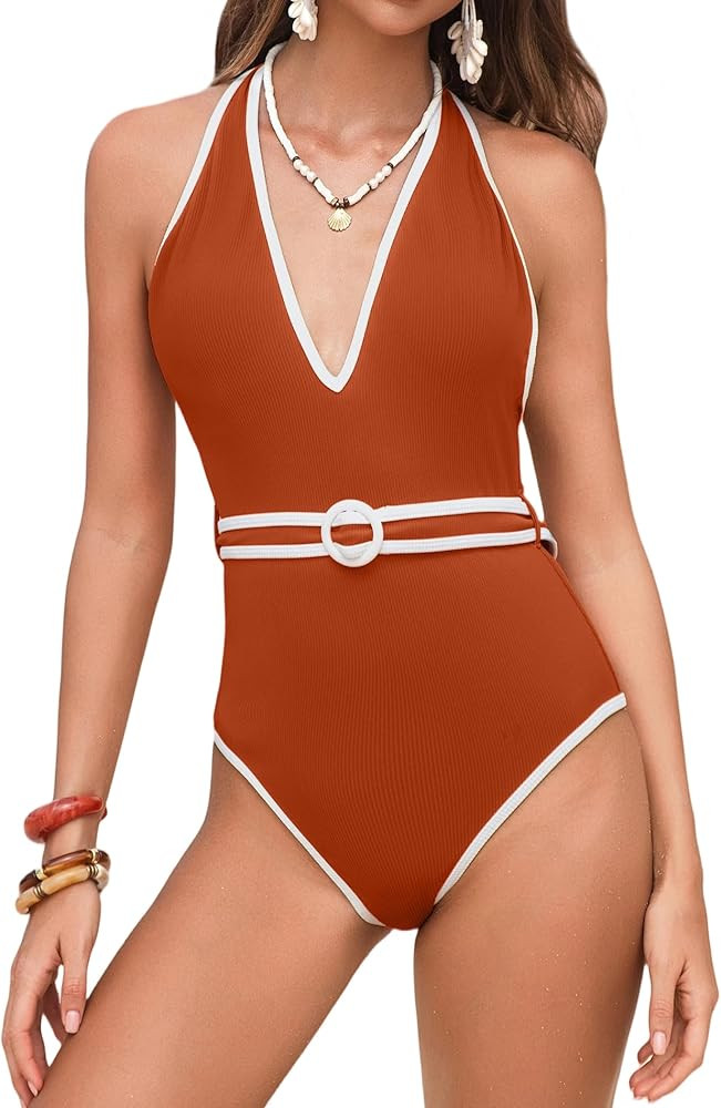 Women's One Piece Swimsuits Tummy Control Deep V Neck Bathing Suit Backless Color Block Swim Suit... | Amazon (US)