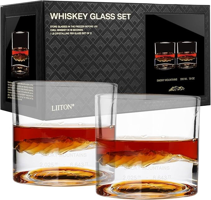 LIITON Smoky Mountain Heavy Crystal Whiskey Glasses Gift Set of 2, Thick Freezable Bourbon Glass ... | Amazon (US)