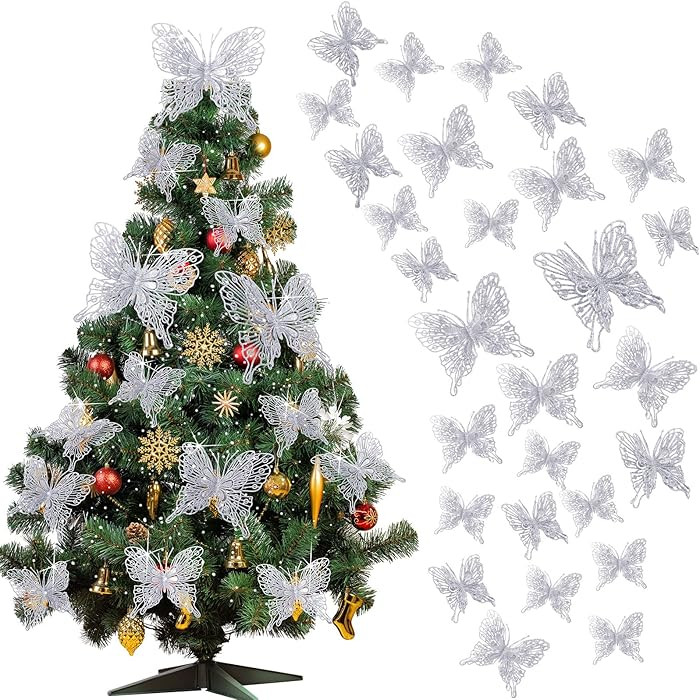 Charniol 36 Pcs 3 Size Christmas Tree Butterfly Decorations Glitter Hollow Butterfly Ornaments Ha... | Amazon (US)
