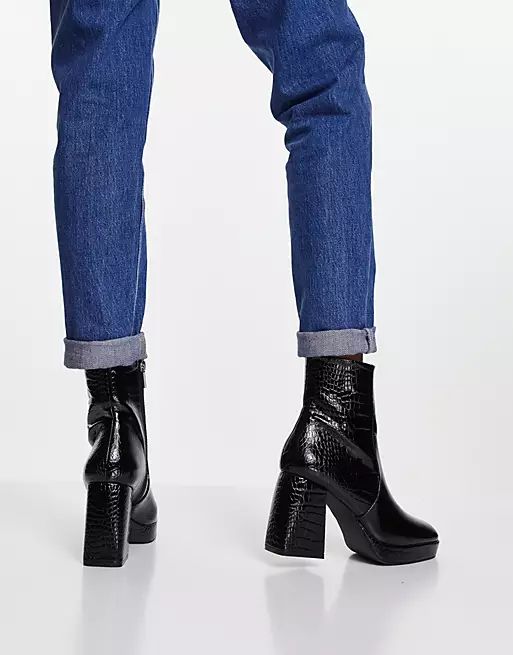 ASOS DESIGN Era high-heeled platforms boots in black croc | ASOS (Global)