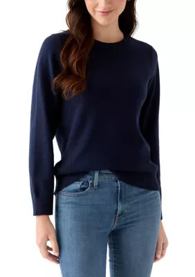 Crown & Ivy Women's Ribbed Trim Crewn Neck Sweater, Navy Blue, Medium | Belk