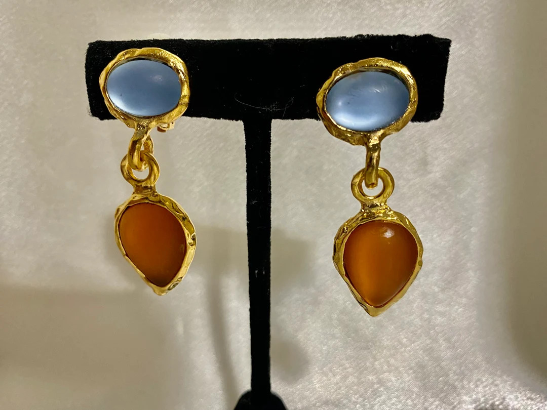 Vintage Norma Jean Clip Earrings: Matte Gold with Frosted Glass Stones. Made in USA | Etsy (US)