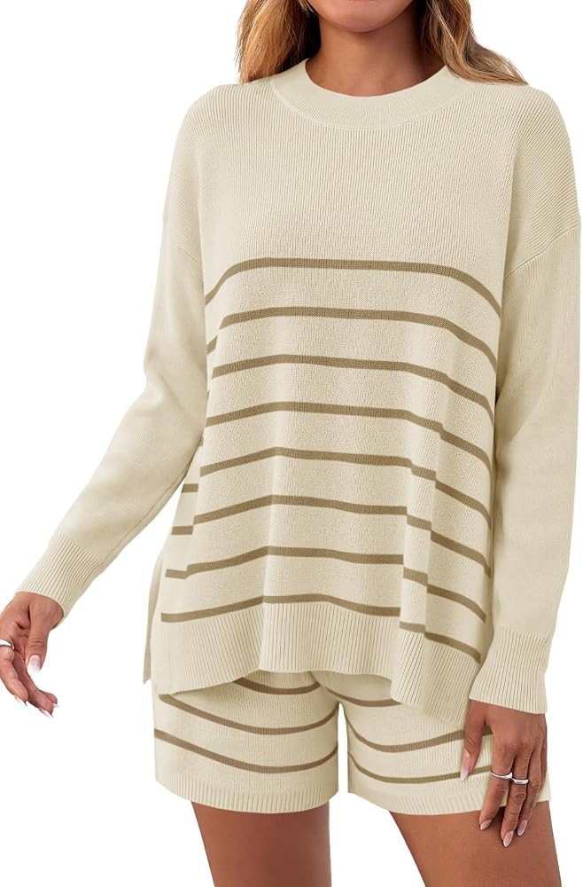Fisoew Women's Striped 2 Piece Lounge Sets Oversized Long Sleeve Knit Sweater High Waisted Shorts... | Amazon (US)