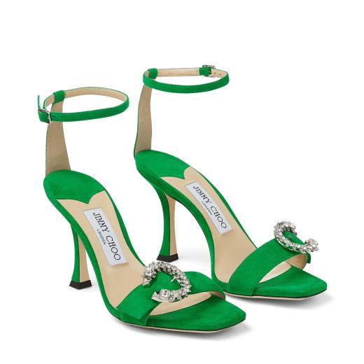 Malachite Suede Sandals with Crystal Buckle | Jimmy Choo (US)