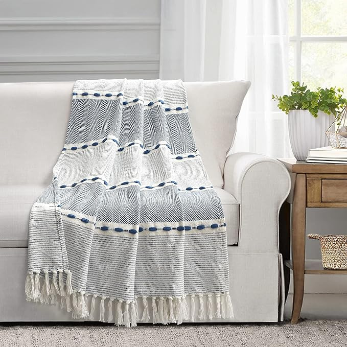 Lush Decor Herringbone Stripe Woven Tassel Yarn Dyed Cotton Tassel Throw Blanket 50" W x 60" L Na... | Amazon (US)