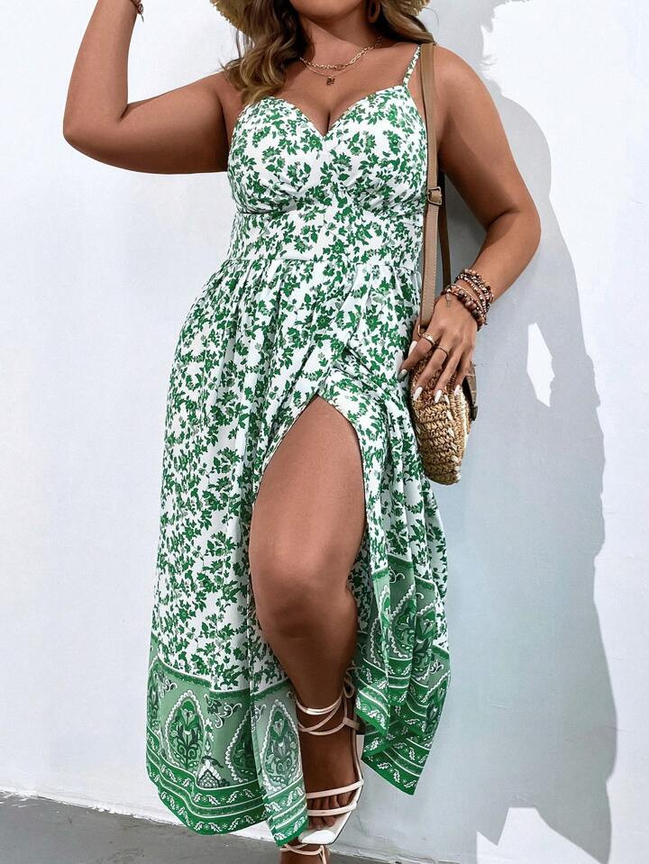 SHEIN VCAY Plus Allover Print Split Thigh Cami Dress | SHEIN