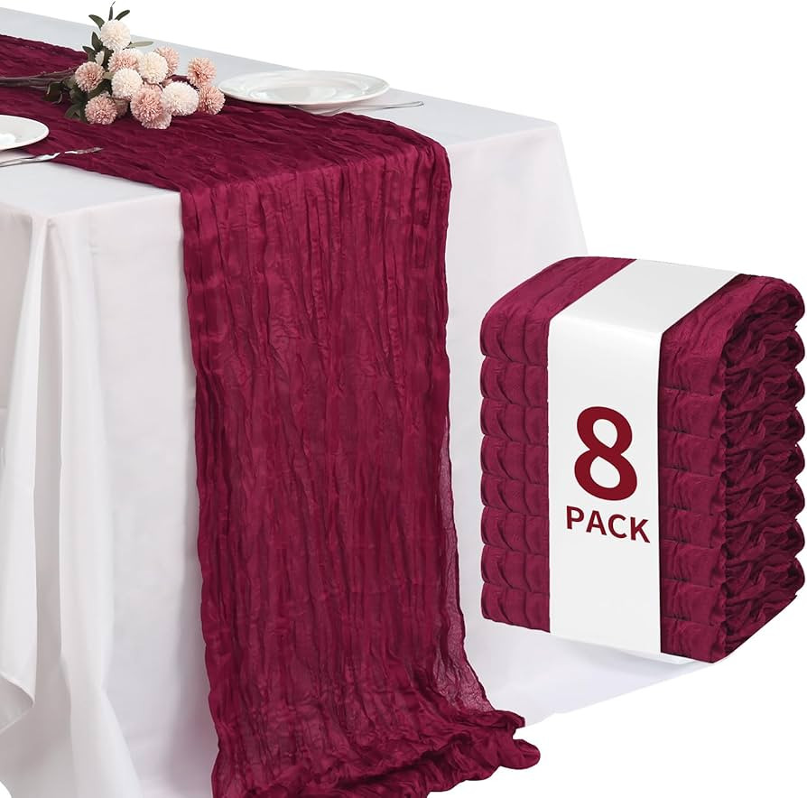 Fixwal 8 Pack Burgundy Christmas Cheesecloth Table Runners, Pleated Boho Gauze Red Table Runner, ... | Amazon (US)