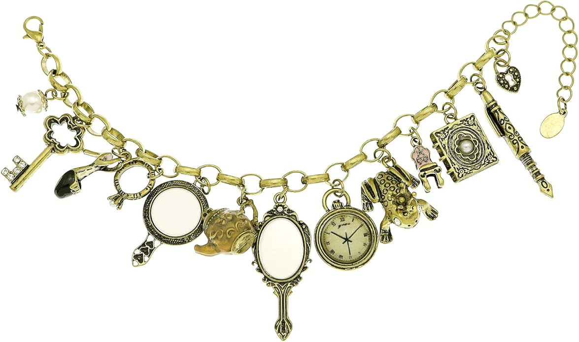 Fairytale Lucky Charms Link Chain Cuff Bangle Bracelet Wonderland Style Frog Mirror Clock Heart T... | Amazon (US)