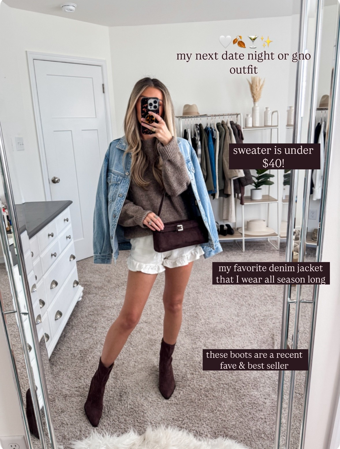 My next date night or gno outfit 
+ denim jacket: xs
+ sweater: small
+ white ruffle shorts: xxs 
+ brown ankle boots: true to size 

Fall outfits Early fall 
Fall style
Date night outfit 
Brown suede boot 

#LTKFindsUnder50 #LTKSeasonal #LTKFindsUnder100