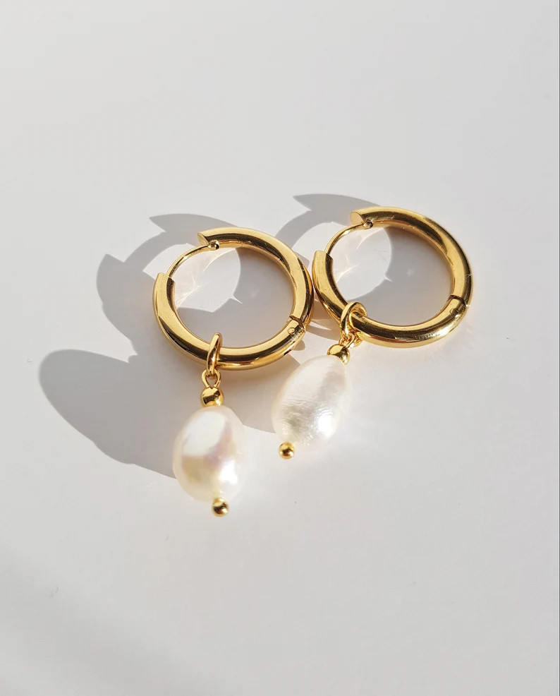 Huggie Hoop Earrings Pearl Hoop Earrings Baroque Pearl | Etsy | Etsy (US)